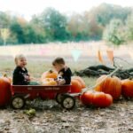 Two babies in a wagon surrounded by pumpkins.