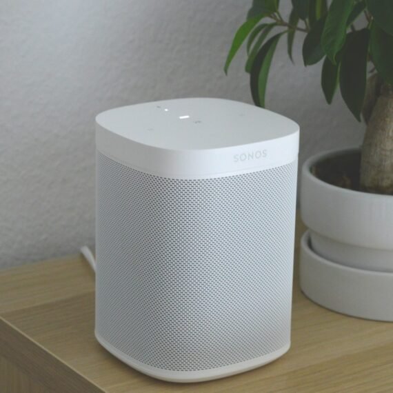white portable speaker on brown wooden table