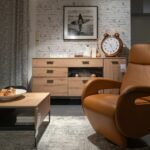 a living room filled with furniture and a clock